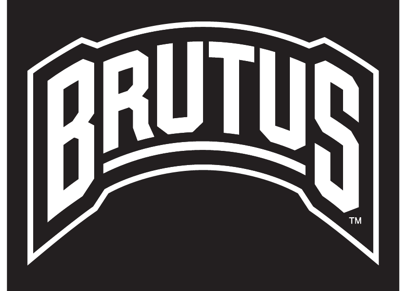 BRUTUS wordmark, white with black outline on black background variant