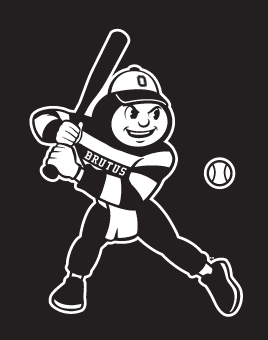 Brutus Buckeye mascot, white outline, baseball variant