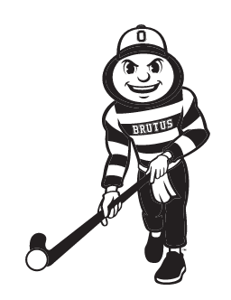 Brutus Buckeye mascot, black and white, field hockey variant