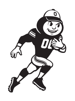 Brutus Buckeye mascot, black and white, football running variant