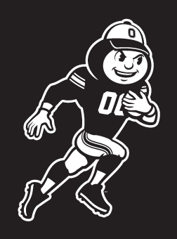 Brutus Buckeye mascot, white outline, football running variant