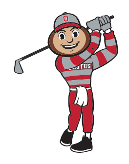 Brutus Buckeye mascot, full color, golf swing variant
