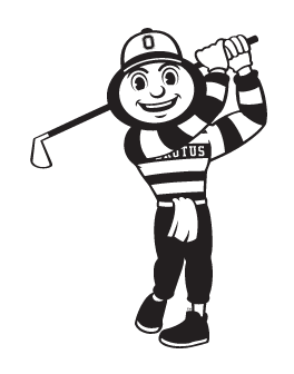Brutus Buckeye mascot, black and white, golf swing variant