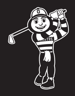 Brutus Buckeye mascot, white outline, golf swing variant