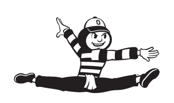 Brutus Buckeye mascot, black and white, gymnastics variant
