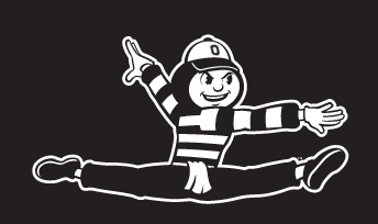 Brutus Buckeye mascot, white outline, gymnastics variant