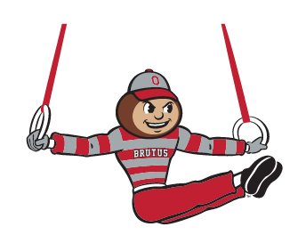 Brutus Buckeye mascot, full color, gymnastics rings variant