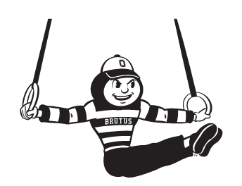 Brutus Buckeye mascot, black and white, gymnastics rings variant