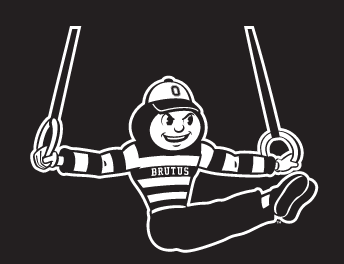 Brutus Buckeye mascot, white outline, gymnastics rings variant