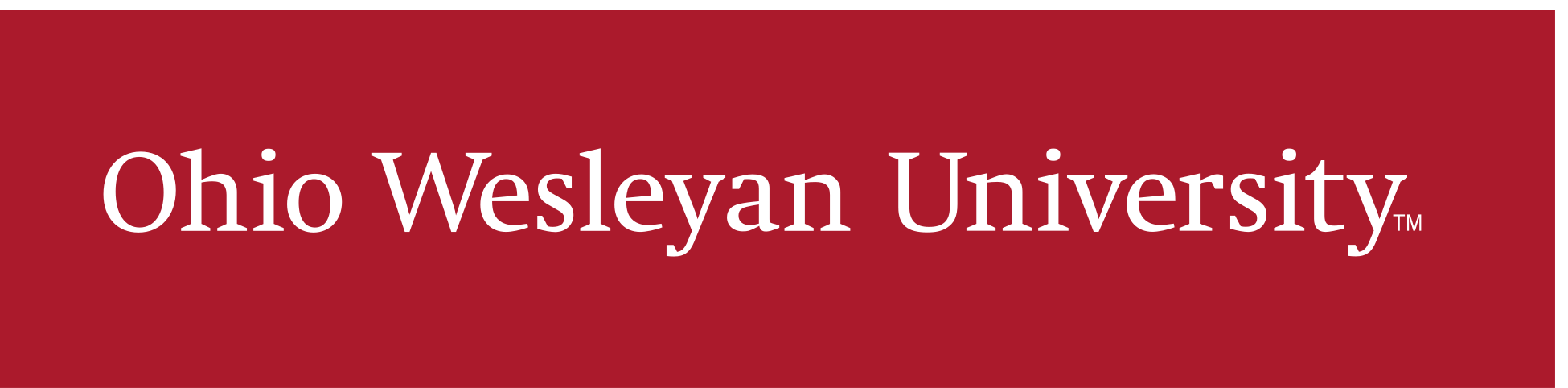 Ohio Wesleyan University wordmark, horizontal, white knockout variant, cell 2