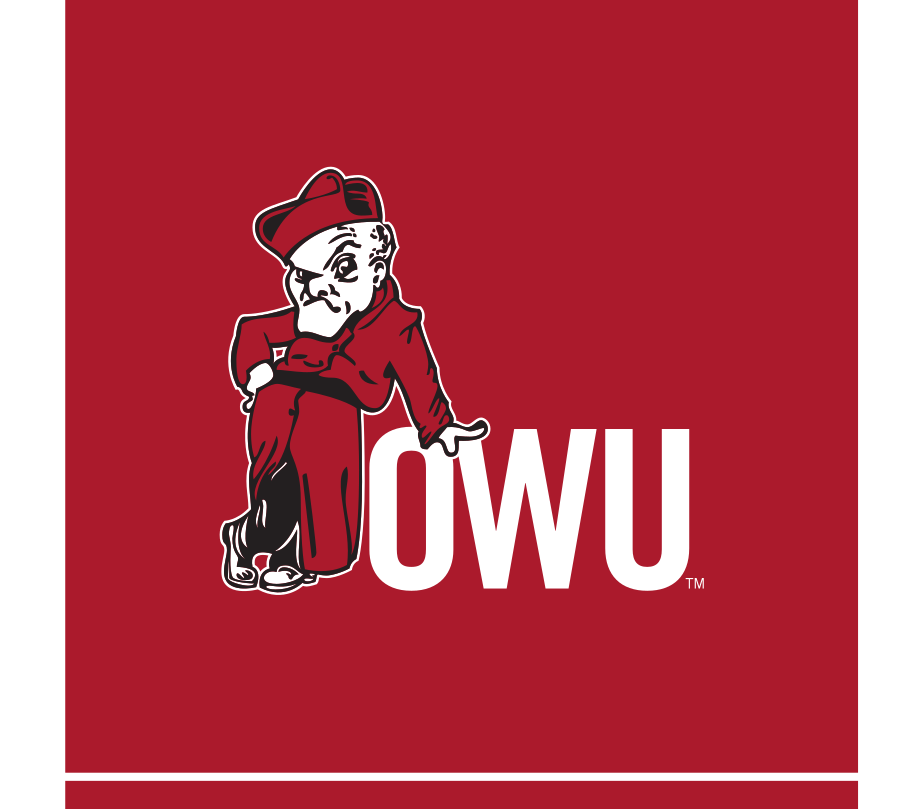 Bishop mascot with OWU lettermark, full color on red variant, cell 12