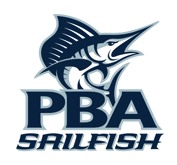 Sailfish mascot with PBA SAILFISH wordmark, full color variant, cell 17