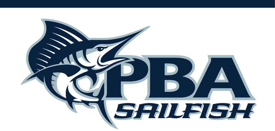 Sailfish mascot with PBA SAILFISH wordmark horizontal, full color variant, cell 27