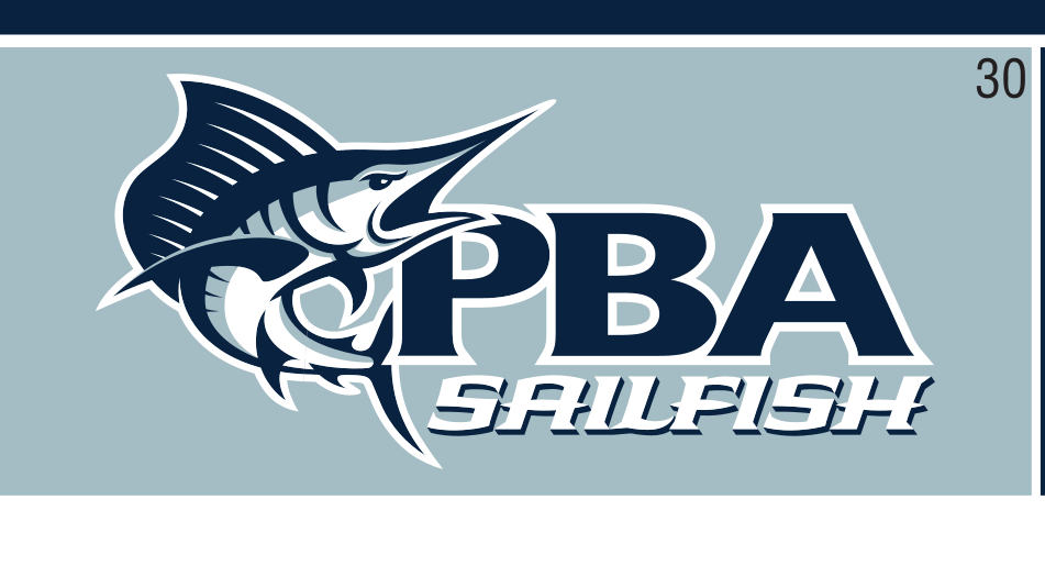 Sailfish mascot with PBA SAILFISH wordmark horizontal, navy on light blue variant, cell 30