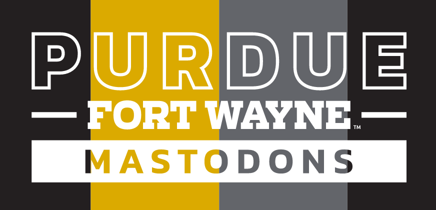 Purdue Fort Wayne Mastodons wordmark, gold, white, and black variant, cell 20