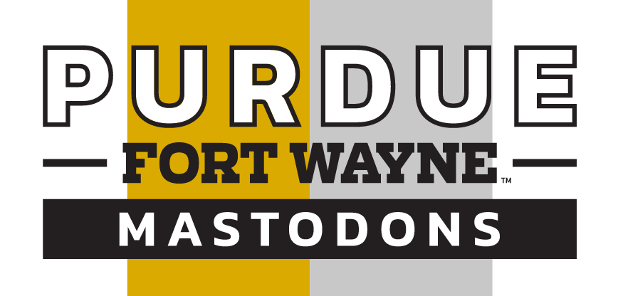 Purdue Fort Wayne Mastodons wordmark, white, black, and gold variant, cell 21