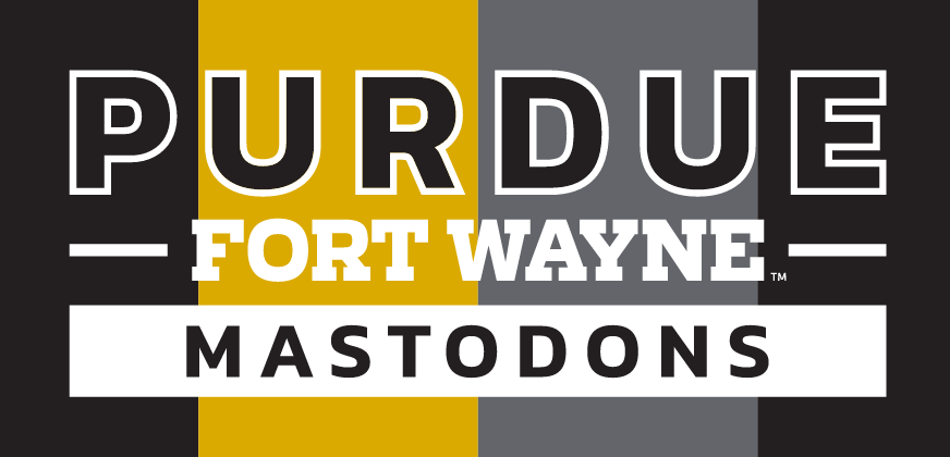 Purdue Fort Wayne Mastodons wordmark, white, gold, and black variant, cell 22