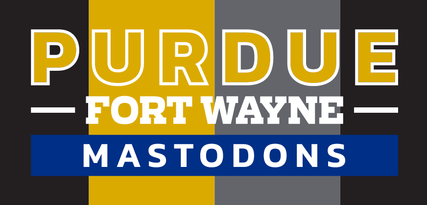 Purdue Fort Wayne Mastodons wordmark, gold, white, and blue variant, cell 24