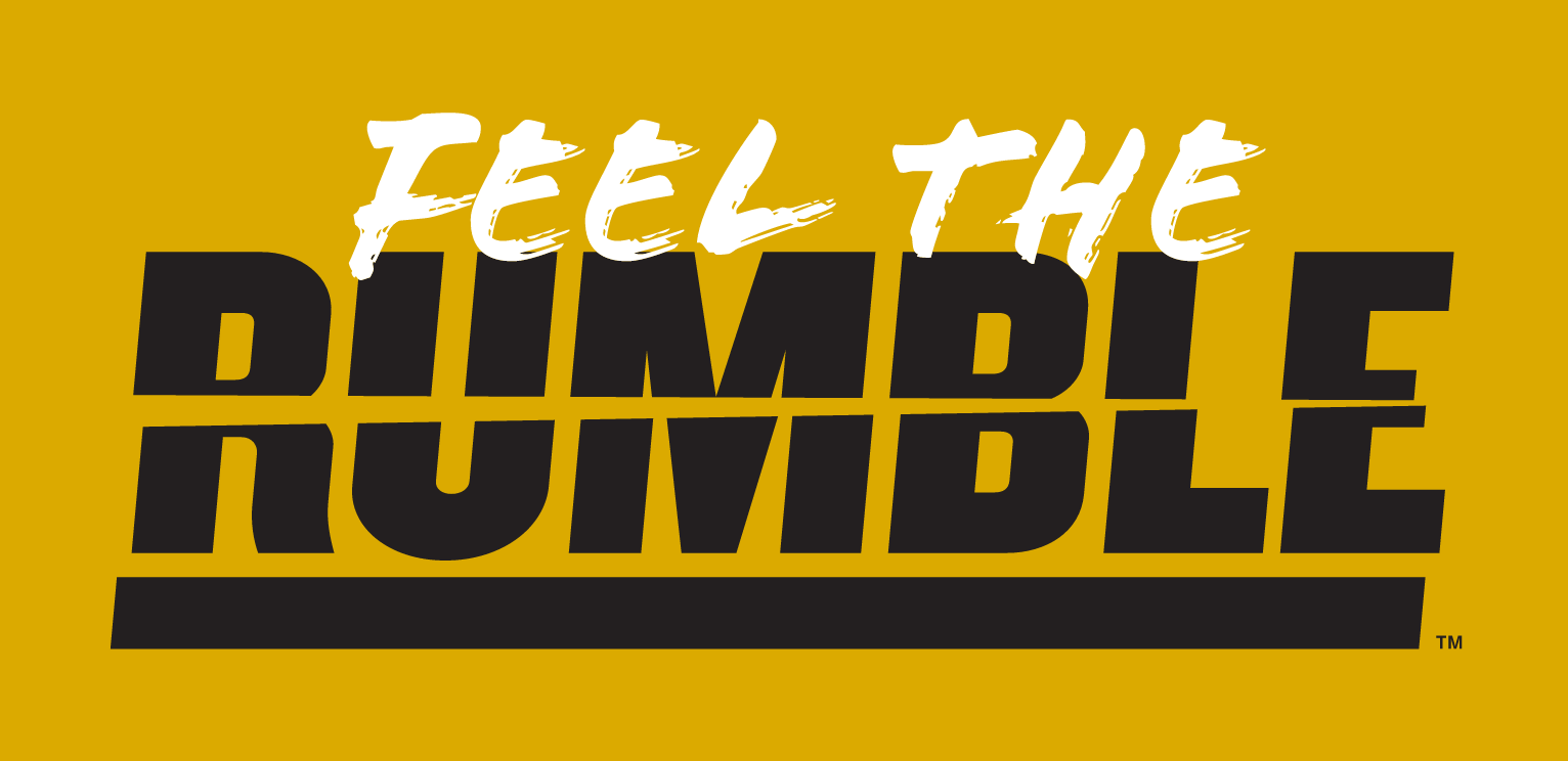 Feel the Rumble wordmark, black and white on gold background variant, cell 45