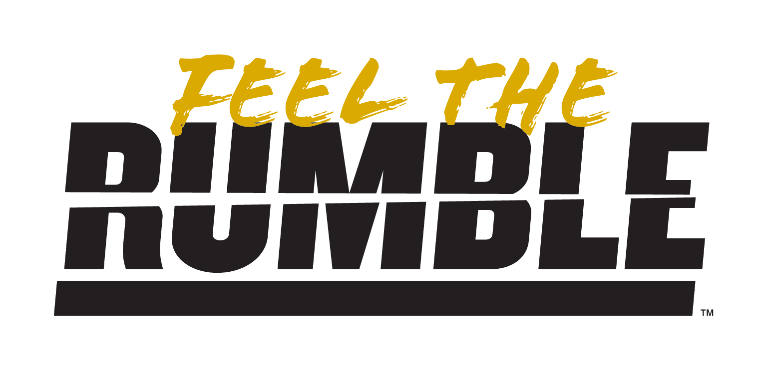 Feel the Rumble wordmark, black and gold on light background variant, cell 46