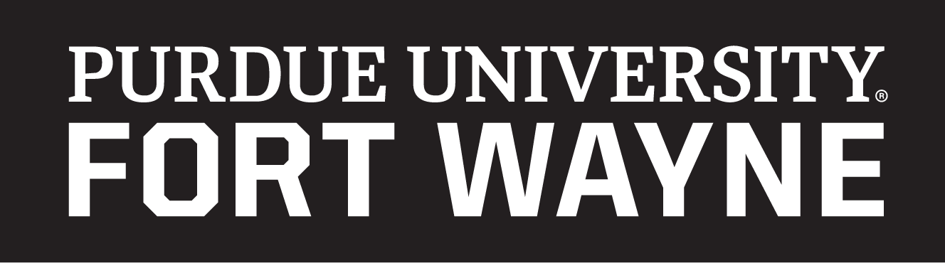 Purdue University Fort Wayne, stacked, white on black variant, cell 52