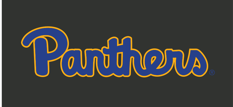 Panthers script, gold with blue outline, black background variant, cell 13