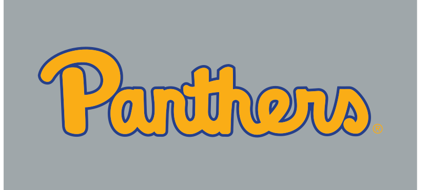 Panthers script, gold with blue outline, gray background variant, cell 14