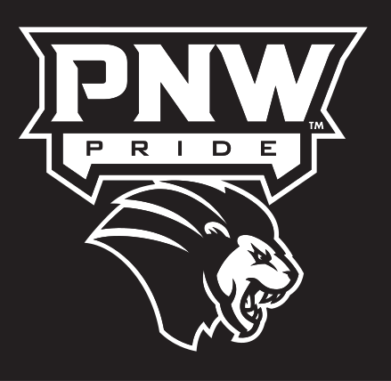 PNW Pride logo with lion head, white/gold on black variant, cell 19