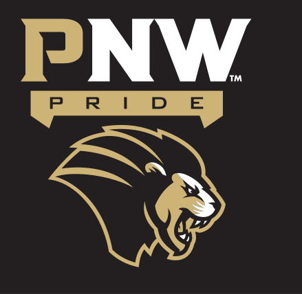 PNW Pride logo with lion head, gold/white on black variant, cell 21