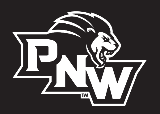 PNW lettermark with lion head, white/gold on black variant, cell 25