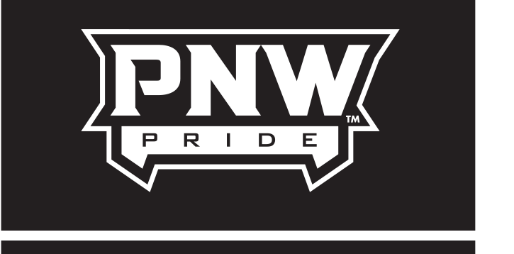 PNW Pride wordmark, white on black variant, cell 46