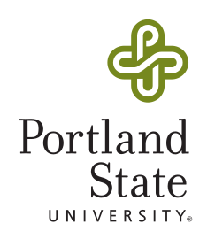 Portland State University stacked mark, green/black on white variant, cell 40
