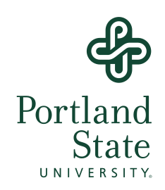 Portland State University stacked mark, green/black on white variant, cell 43