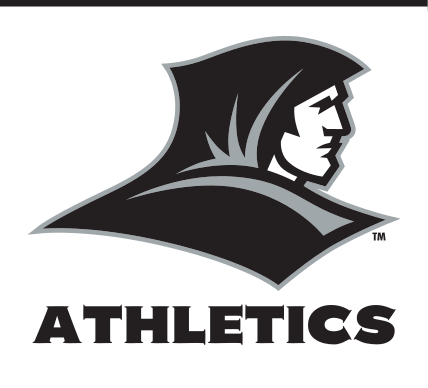 Friar head mascot with Athletics text, black/white variant, cell 11