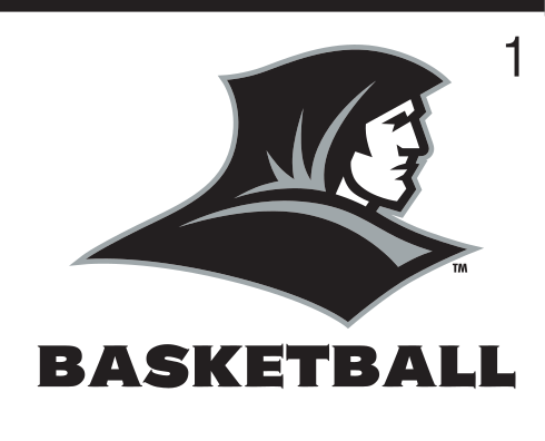 Friar head mascot with Basketball text, black/white variant, cell 12