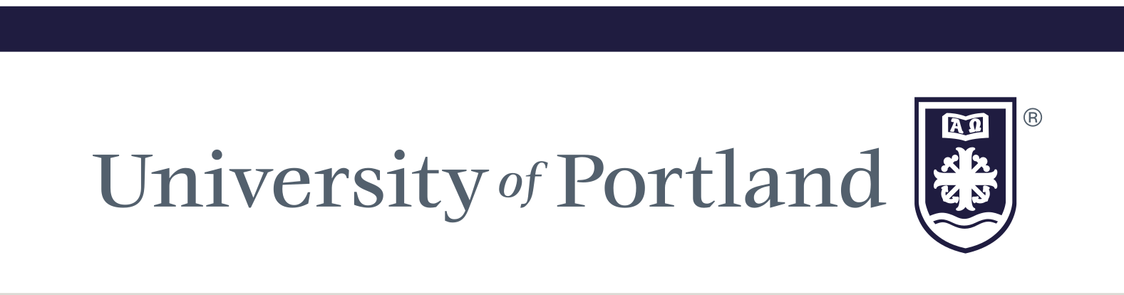 University of Portland wordmark with shield, horizontal, blue variant, cell 215