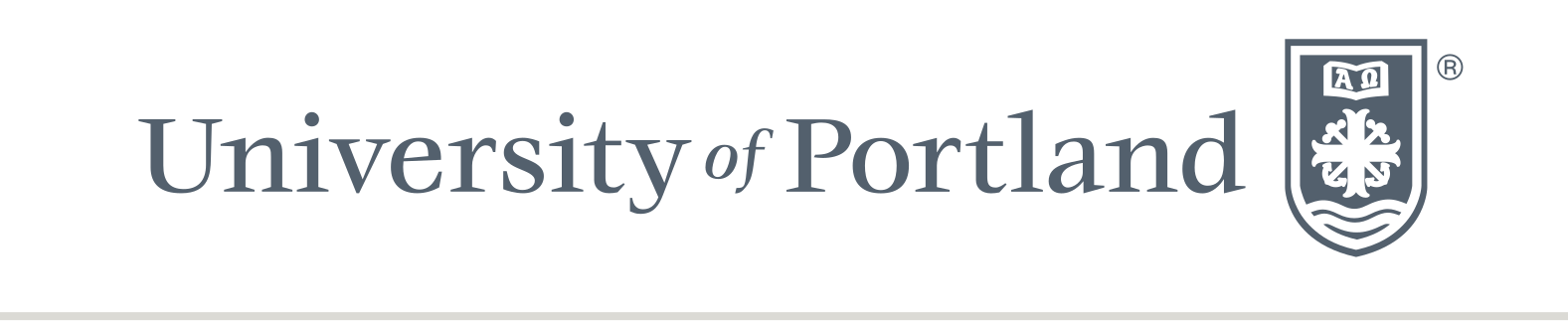 University of Portland wordmark with shield, horizontal, light grey variant, cell 217