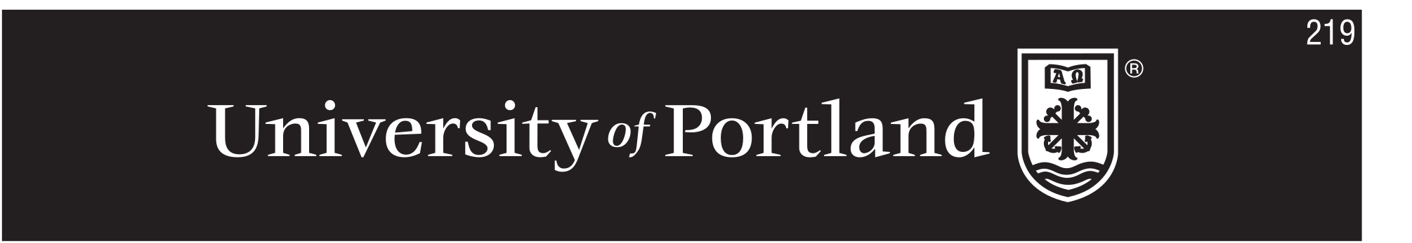 University of Portland wordmark with shield, horizontal, white on black variant, cell 219