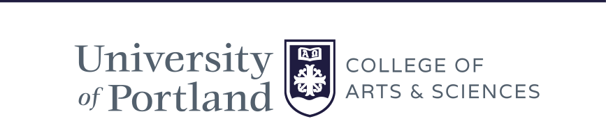 University of Portland College of Arts & Sciences lockup, horizontal black outlined shield variant, cell 228