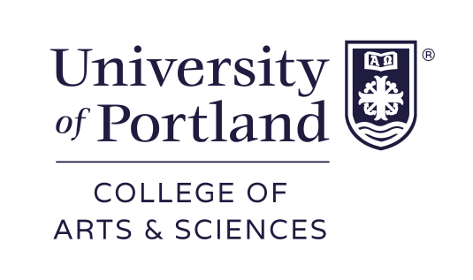 University of Portland College of Arts & Sciences lockup, centered black solid shield variant, cell 233