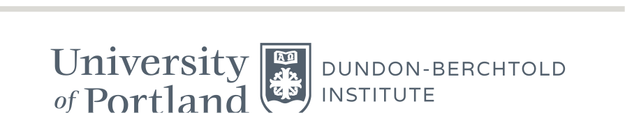 University of Portland Dundon-Berchtold Institute lockup, horizontal black solid shield variant, cell 246