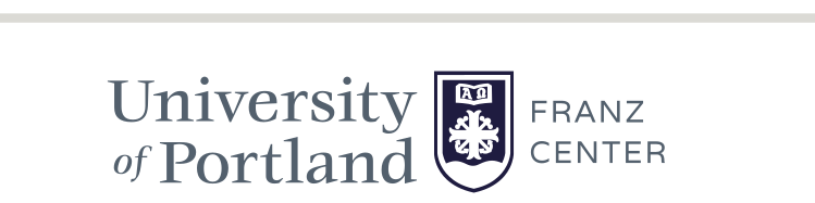 University of Portland Franz Center lockup, horizontal black outlined shield variant, cell 252
