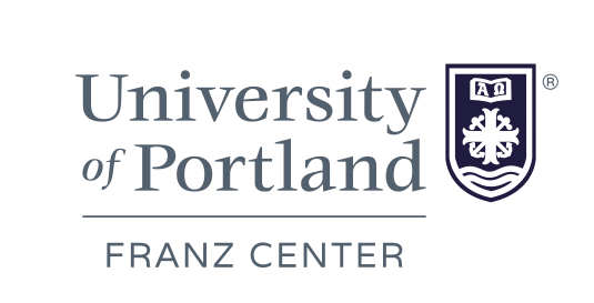 University of Portland Franz Center lockup, centered black outlined shield variant, cell 256