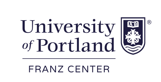 University of Portland Franz Center lockup, centered black solid shield variant, cell 257