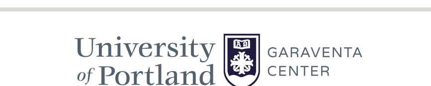 University of Portland Garaventa Center lockup, horizontal black outlined shield variant, cell 260