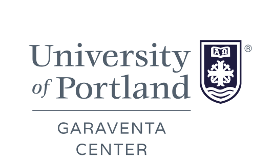 University of Portland Garaventa Center lockup, centered black outlined shield variant, cell 264