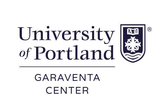 University of Portland Garaventa Center lockup, centered black solid shield variant, cell 265