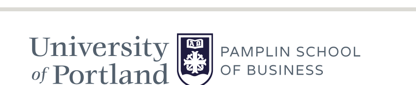 University of Portland Pamplin School of Business lockup, horizontal black outlined shield variant, cell 268