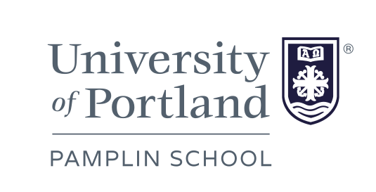 University of Portland Pamplin School of Business lockup, centered black outlined shield variant, cell 272