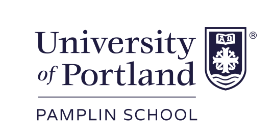 University of Portland Pamplin School of Business lockup, centered black solid shield variant, cell 273